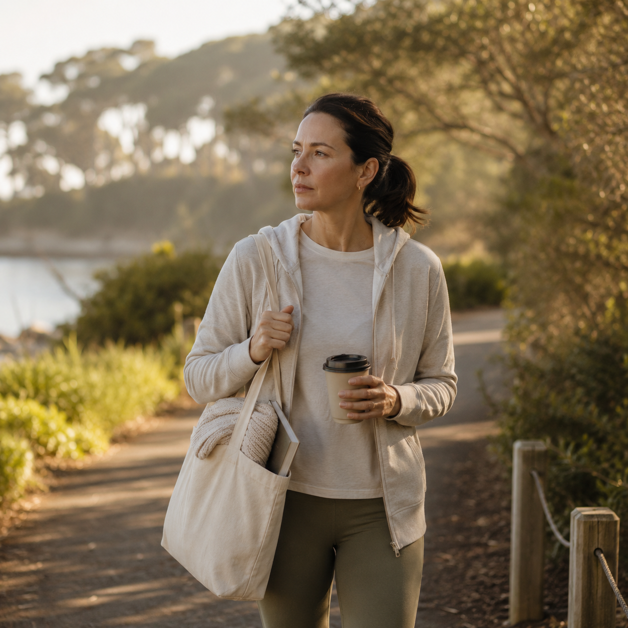 A calm outdoor walking scene representing recovery and low energy support