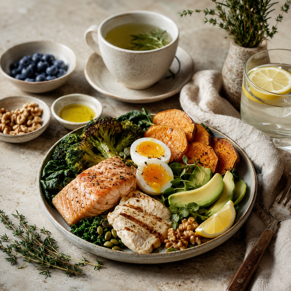 Food-first longevity nutrition support with protein, vegetables and healthy fats