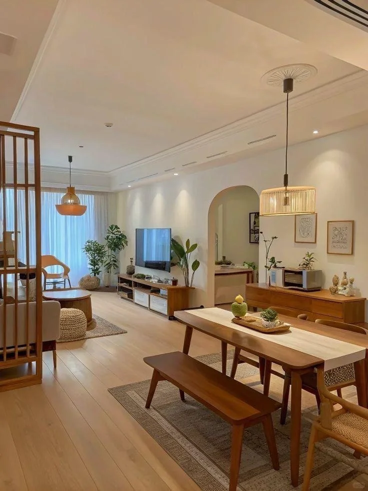 Room with coordinated wood furniture and accessories