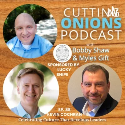 Cutting Onions Podcast cover art, Episode 88 with Kevin Cochran, hosted by Bobby Shaw and Myles Gift