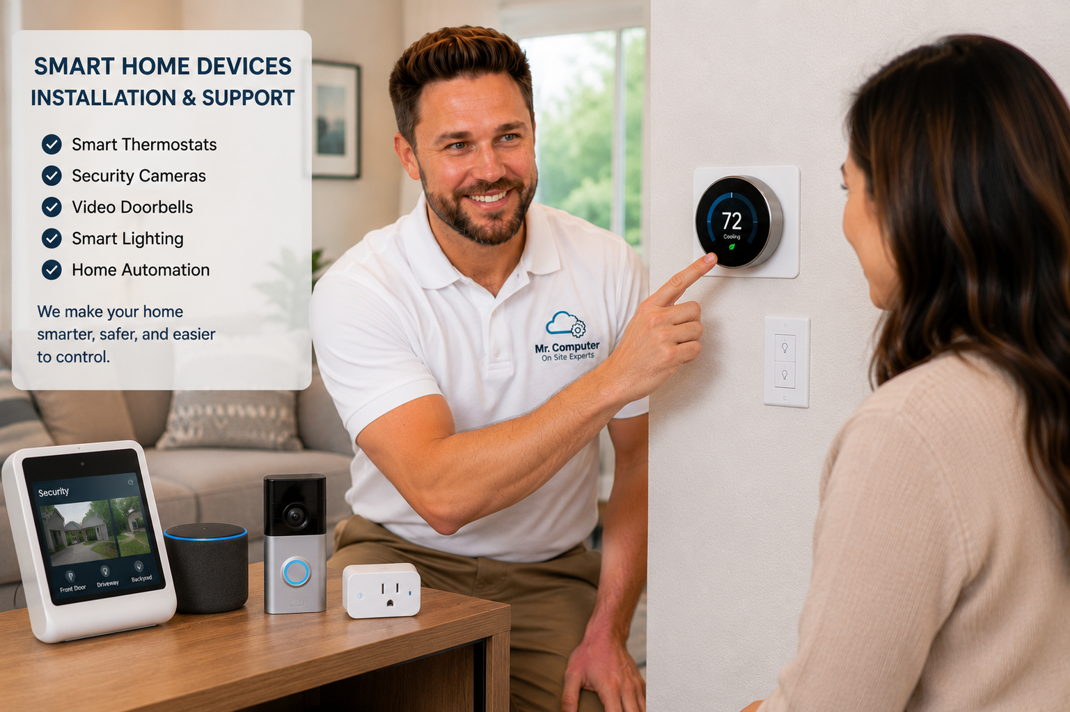 Smart home device installation for TVs streaming devices cameras doorbells thermostats and WiFi devices