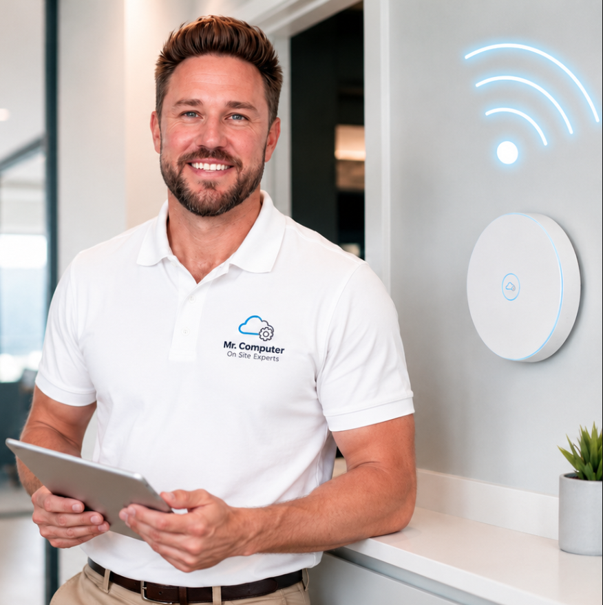 Technician testing WiFi and network performance for on-site network service
