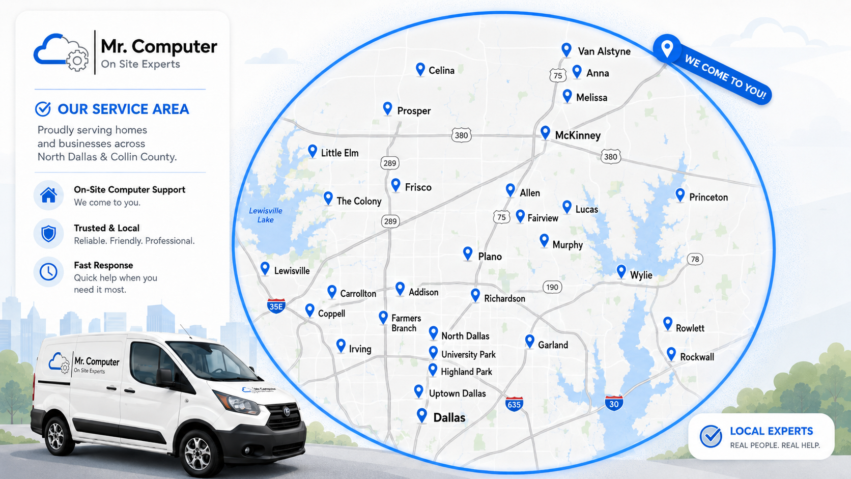Mr. Computer service area map for Dallas, Collin County and North Texas on-site computer and network support