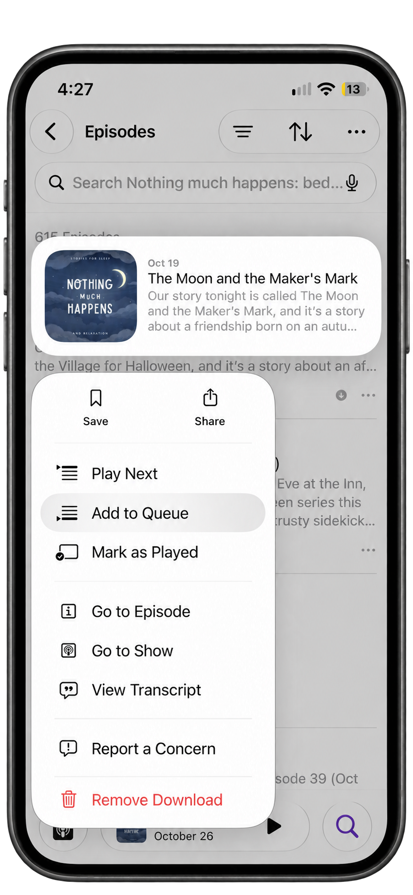 Screenshot placeholder A3: Episode menu showing Add to Queue