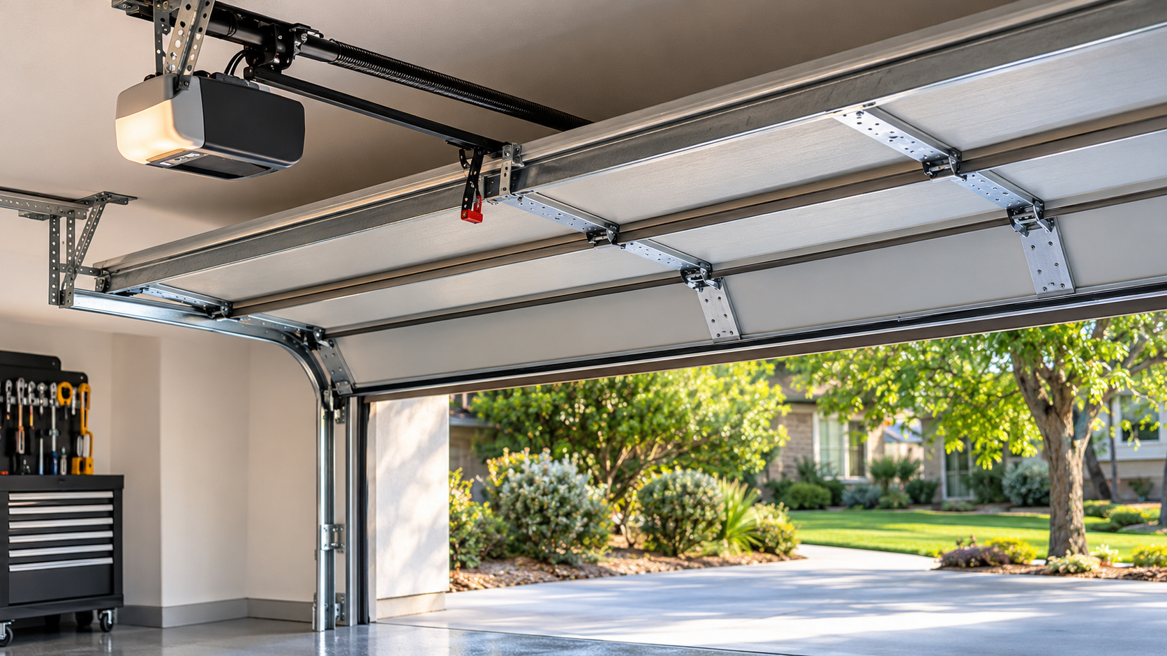 Garage door opener, tracks and hardware inside a residential garage