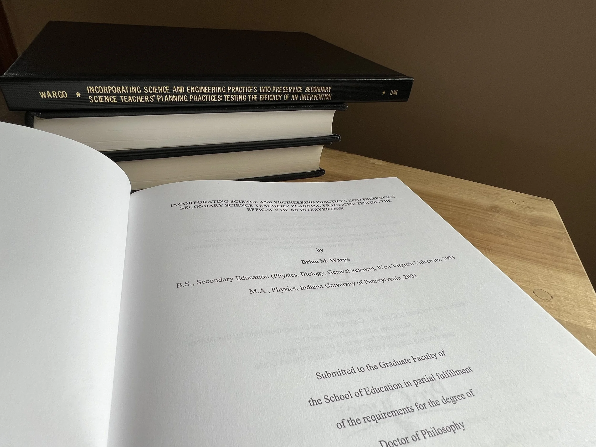 Dr. Wargo's thesis on helping science teachers incorporate authentic science and engineering practices.