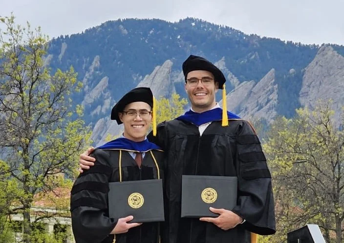 Dr. Beckey with his close friend and officemate from his PhD in front of the flatirons in Boulder.
