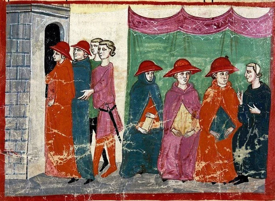 Papal conclave, illustration from the Nuova Cronica, Biblioteca Vaticana, MS Chigiano L VIII 296. Wikimedia Commons, public domain