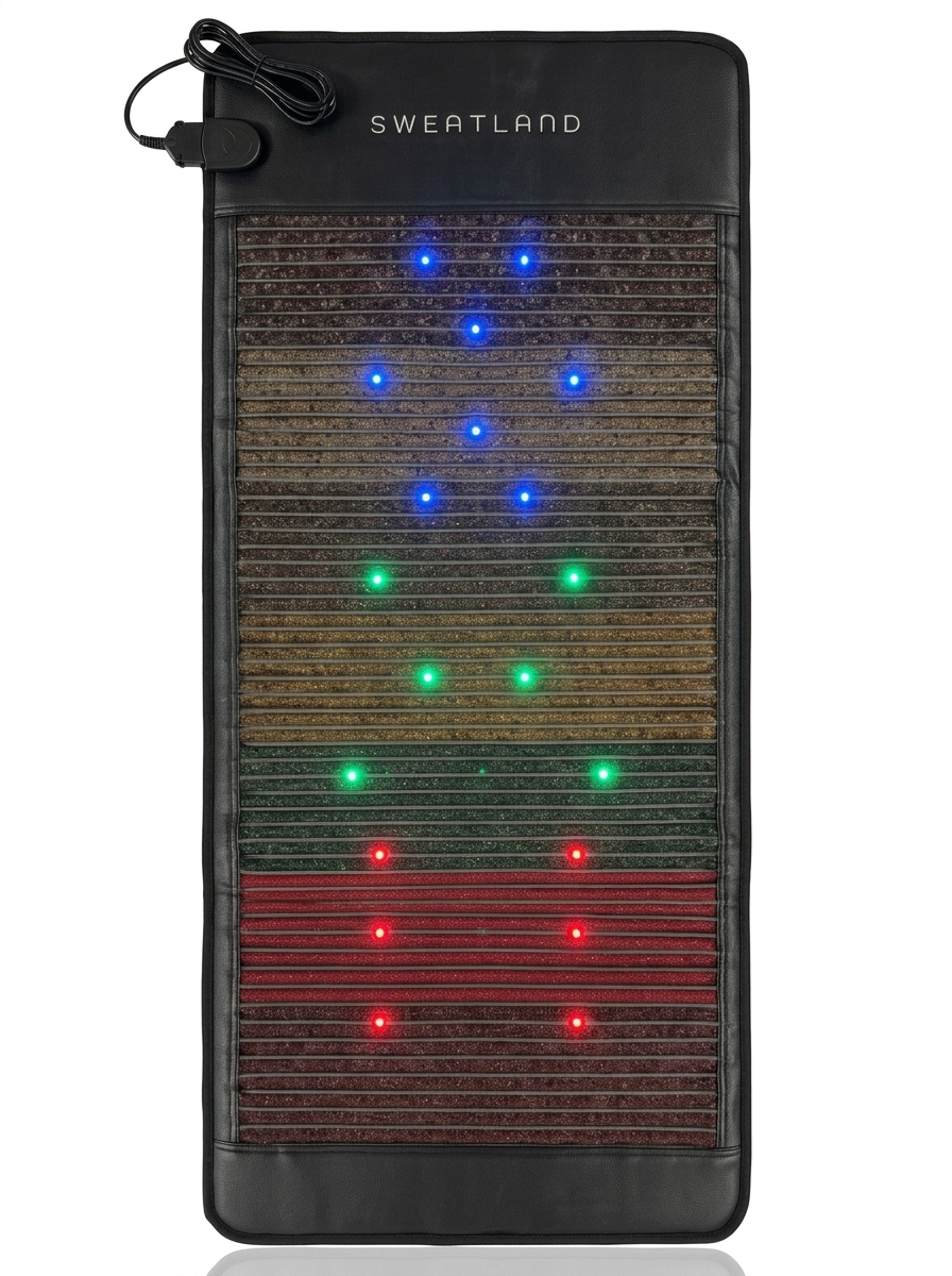 Sweatland custom crystaline PEMF therapy mat with blue, green, and red LED chakra zones on layered natural crystal panels