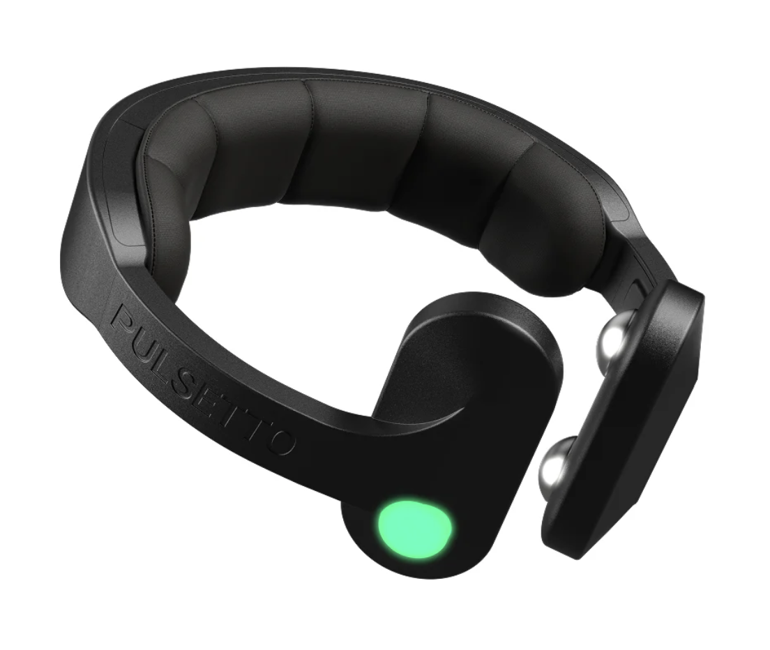Pulsetto FIT wearable vagus nerve stimulator worn on the neck at Sweatland Reset Room Austin