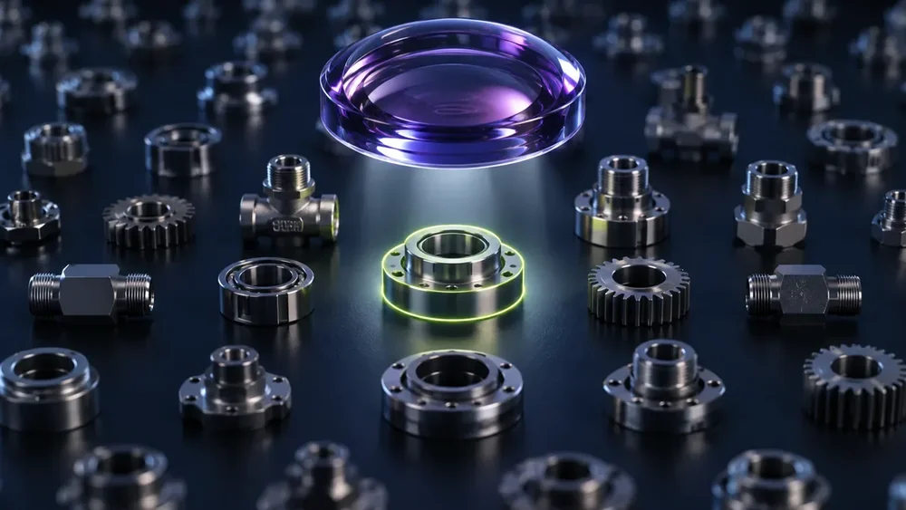 Conceptual product discovery lens highlighting the right component in a complex catalog