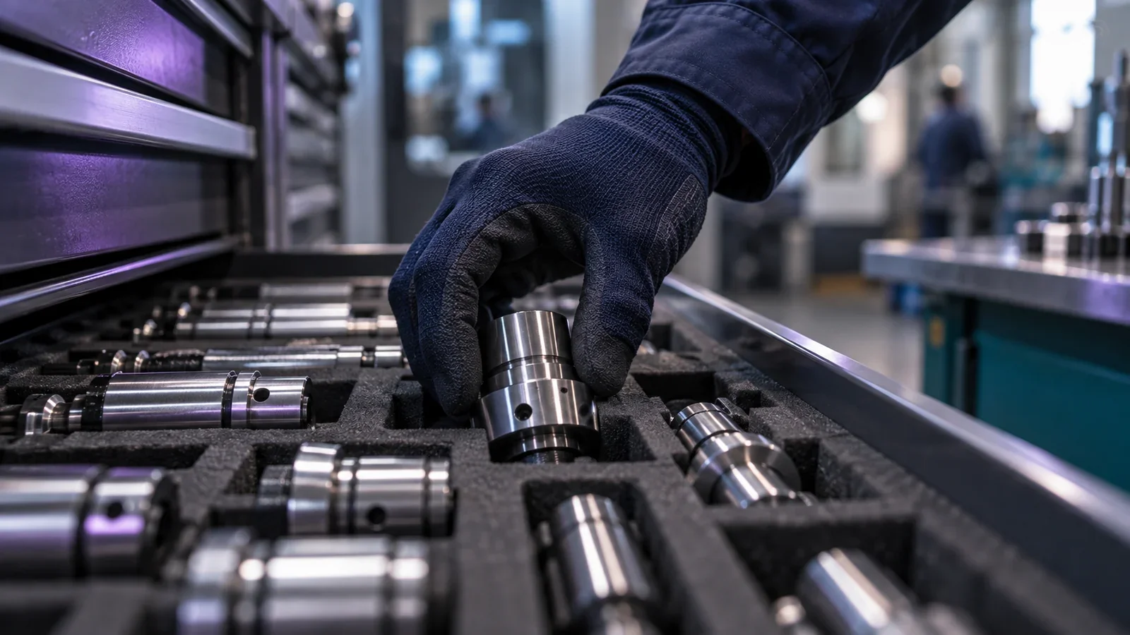 Gloved hand selecting a precision metal fixture from a tool drawer