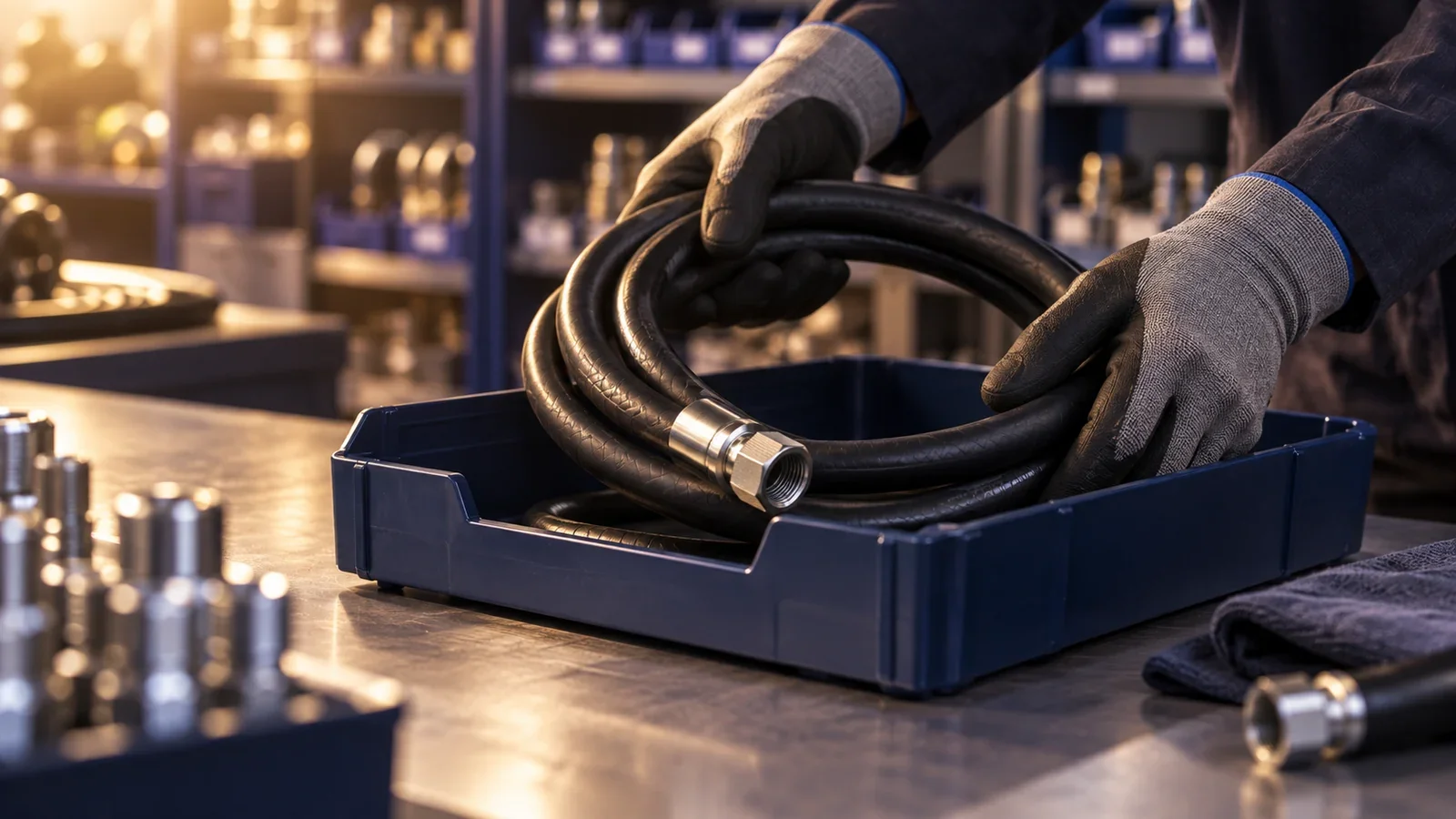 Gloved hands coiling a hydraulic hose into an industrial order tray