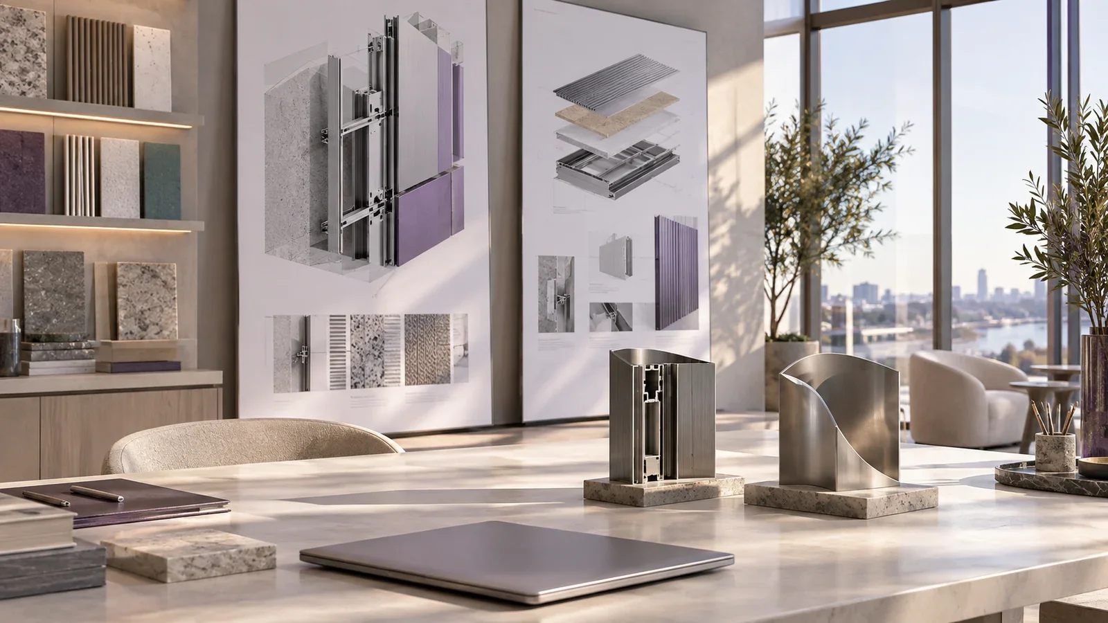 Technical marketing studio with engineered product samples and visual boards