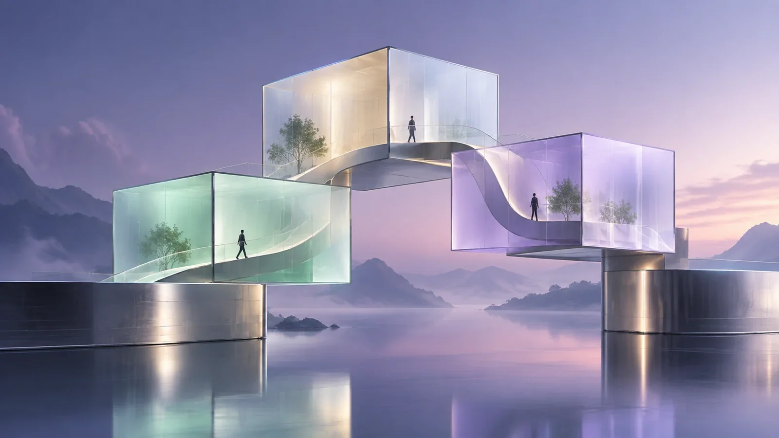 Frosted-glass structures connecting polished metal platforms