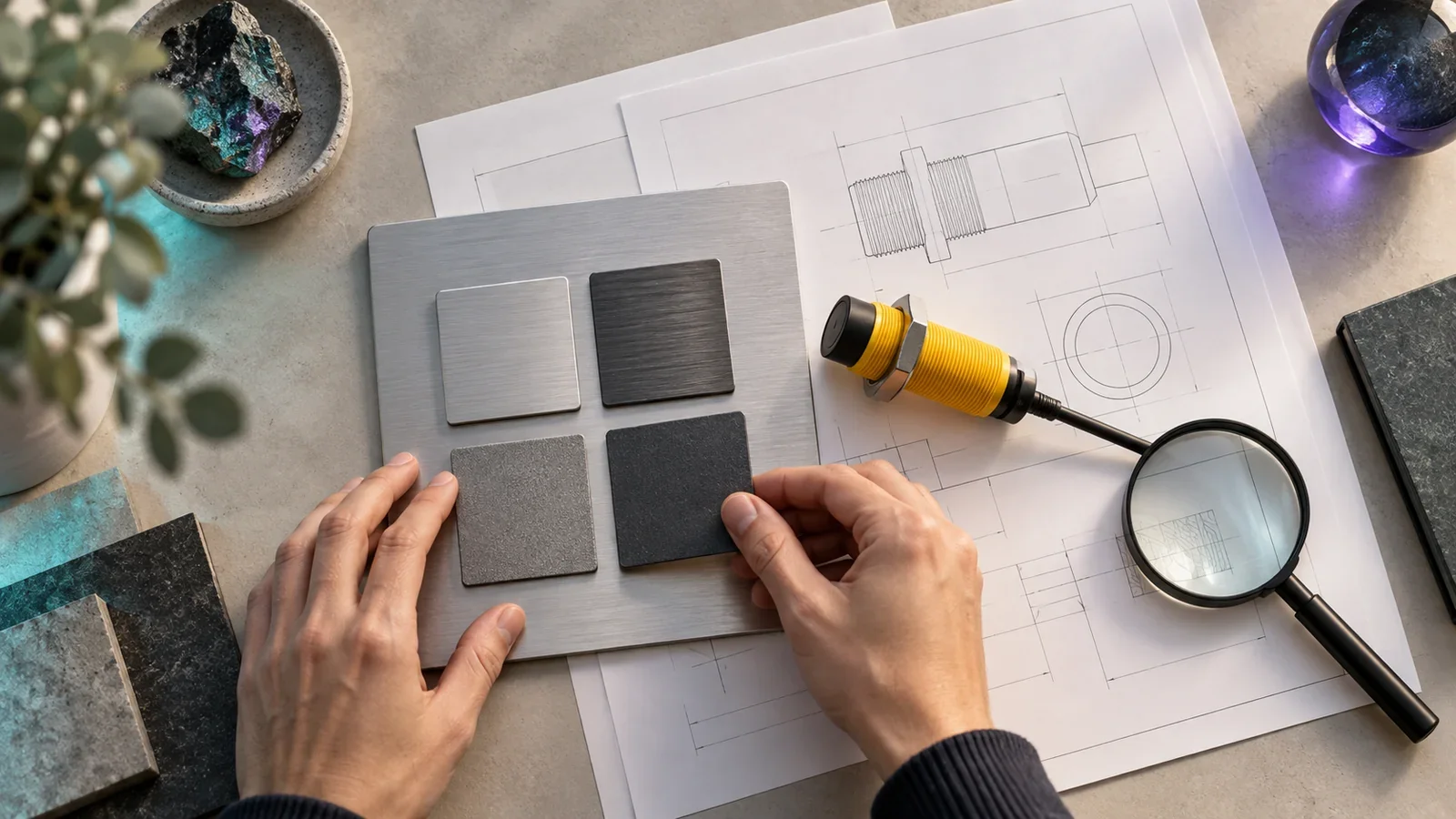 Industrial sensor and material samples arranged for technical catalog preparation