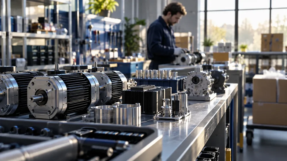 Illustrative small-batch electric motor assembly and testing workshop