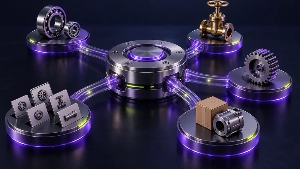 Conceptual connected commerce hub linking industrial products and catalog channels