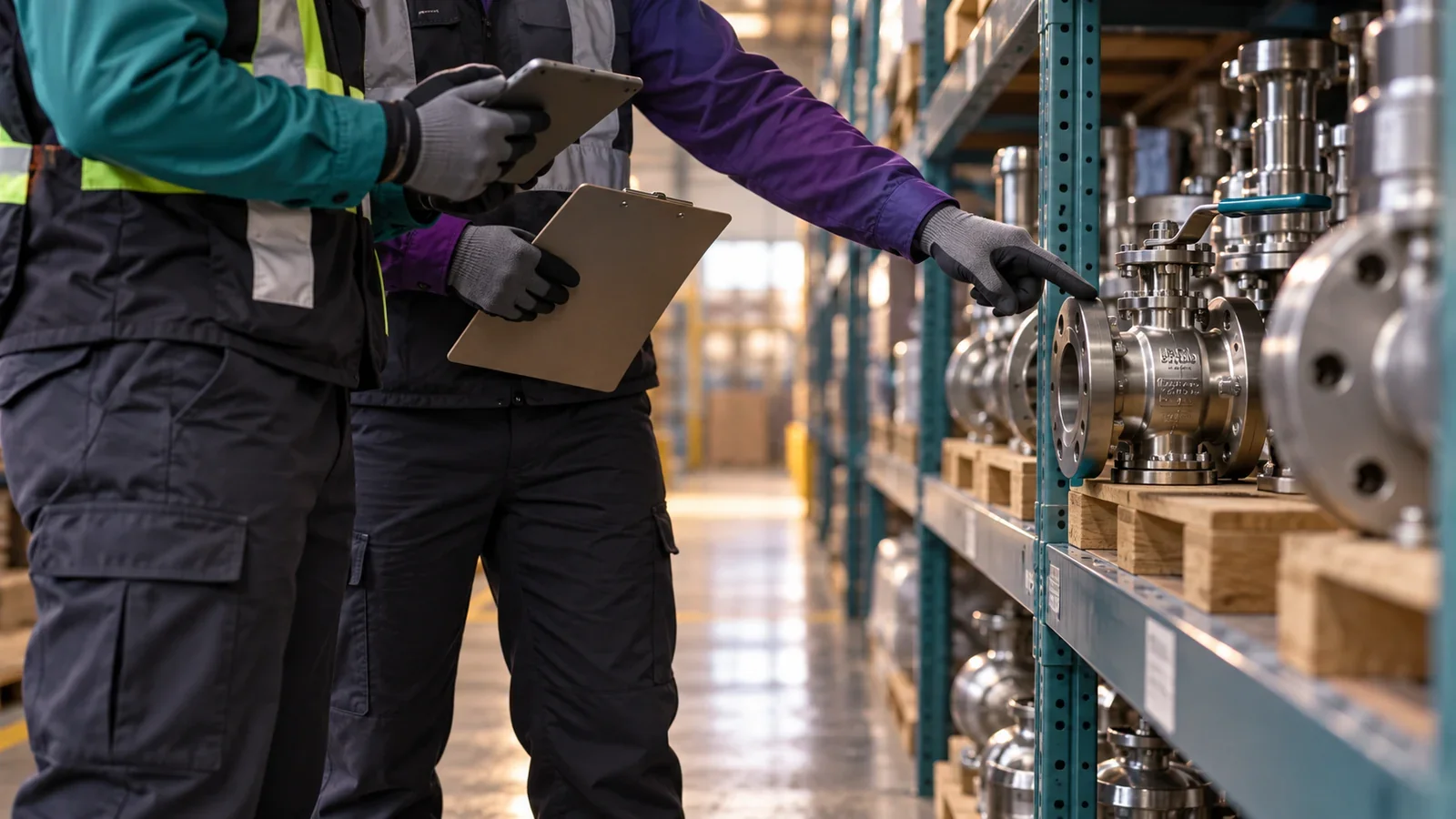 Warehouse staff comparing an industrial valve with order information