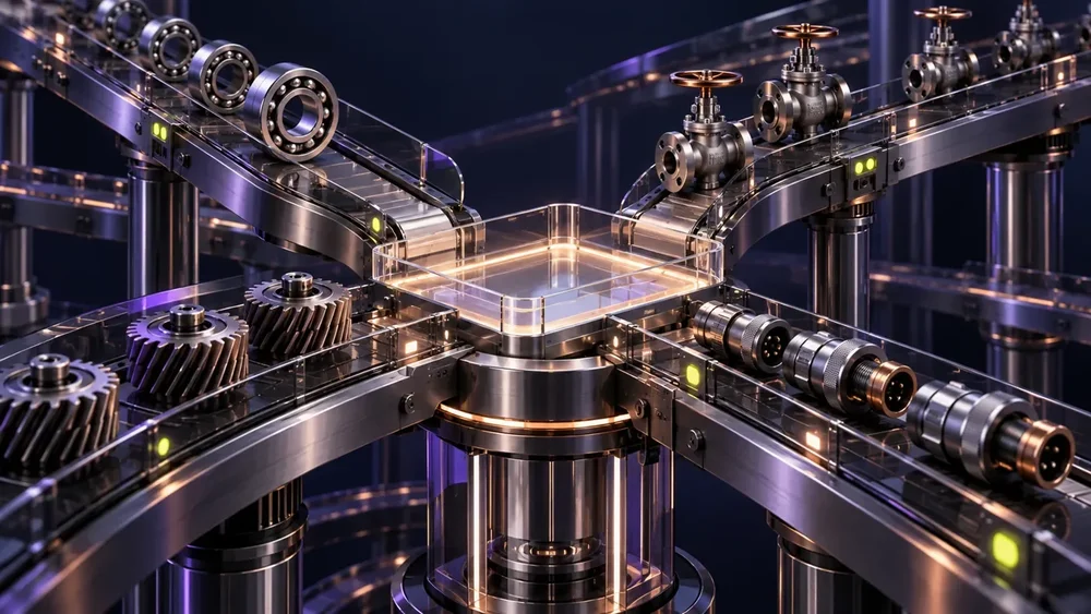 Conceptual industrial product and purchasing flows converging into one connected order