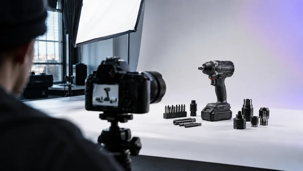 Illustration of industrial product content being photographed in a studio