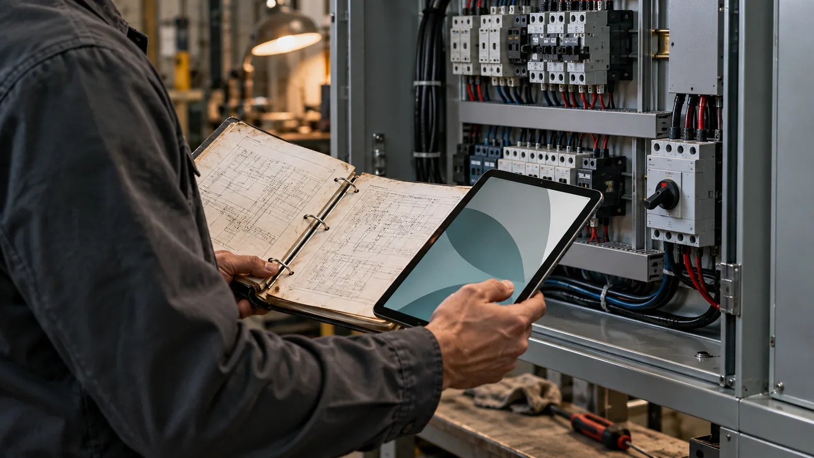 Technician reviewing a binder beside an industrial control enclosure and tablet