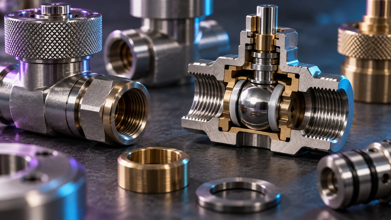 Illustrative close-up of machined steel and brass industrial components