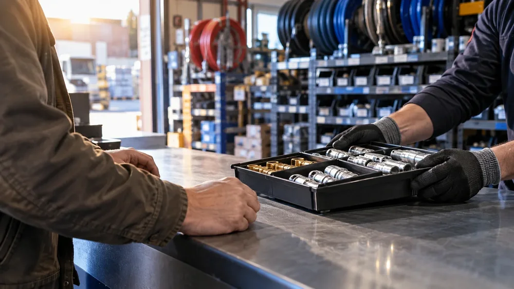 Illustration of an industrial distributor handing a tray of fittings to a customer