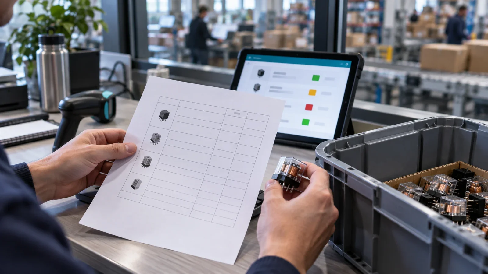 Packing sheet and order status reviewed beside industrial relays