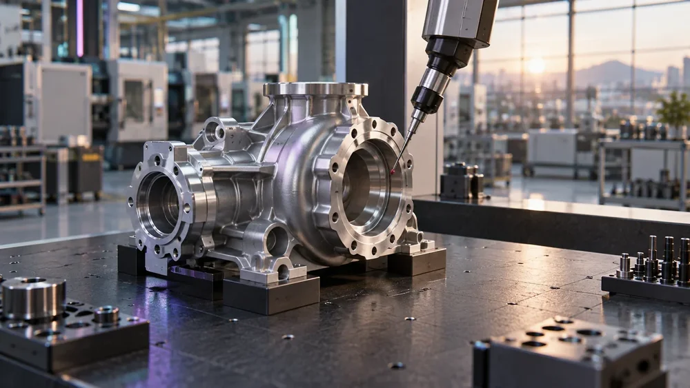 Precision measurement of a machined pump housing at a manufacturing inspection bench