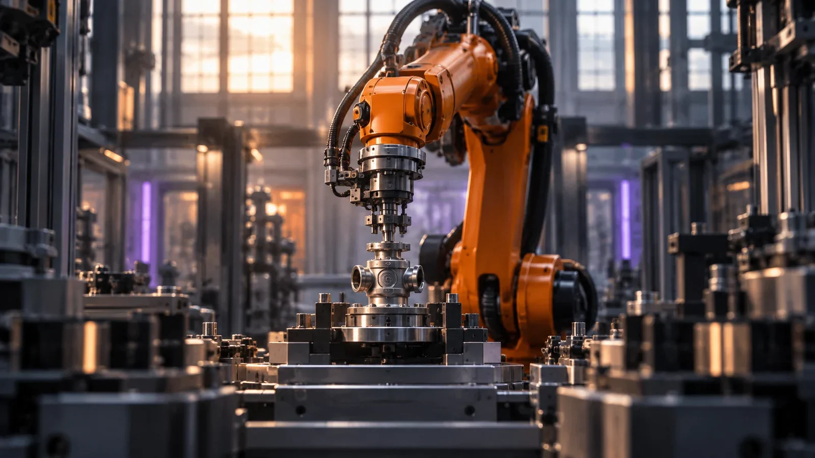 Robotic manufacturing cell assembling a compact metal valve subassembly