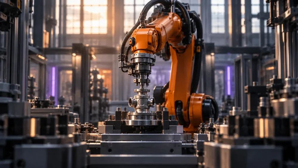 Robotic manufacturing cell assembling a compact metal valve subassembly