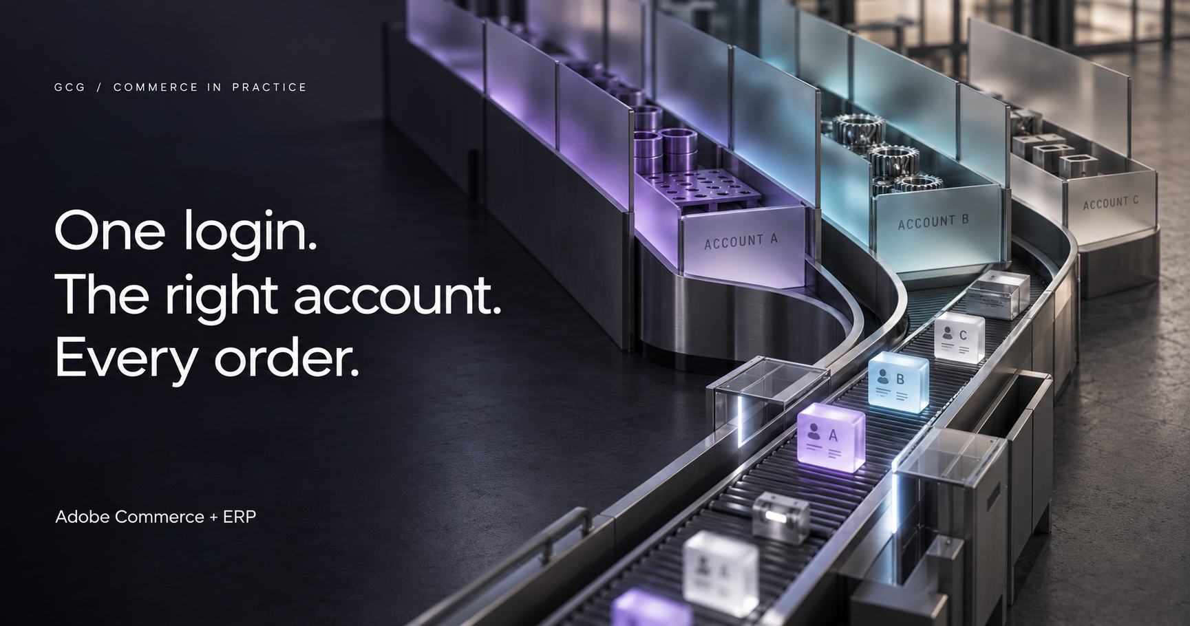 Glass account lanes carrying distinct purchasing relationships into an industrial commerce workflow