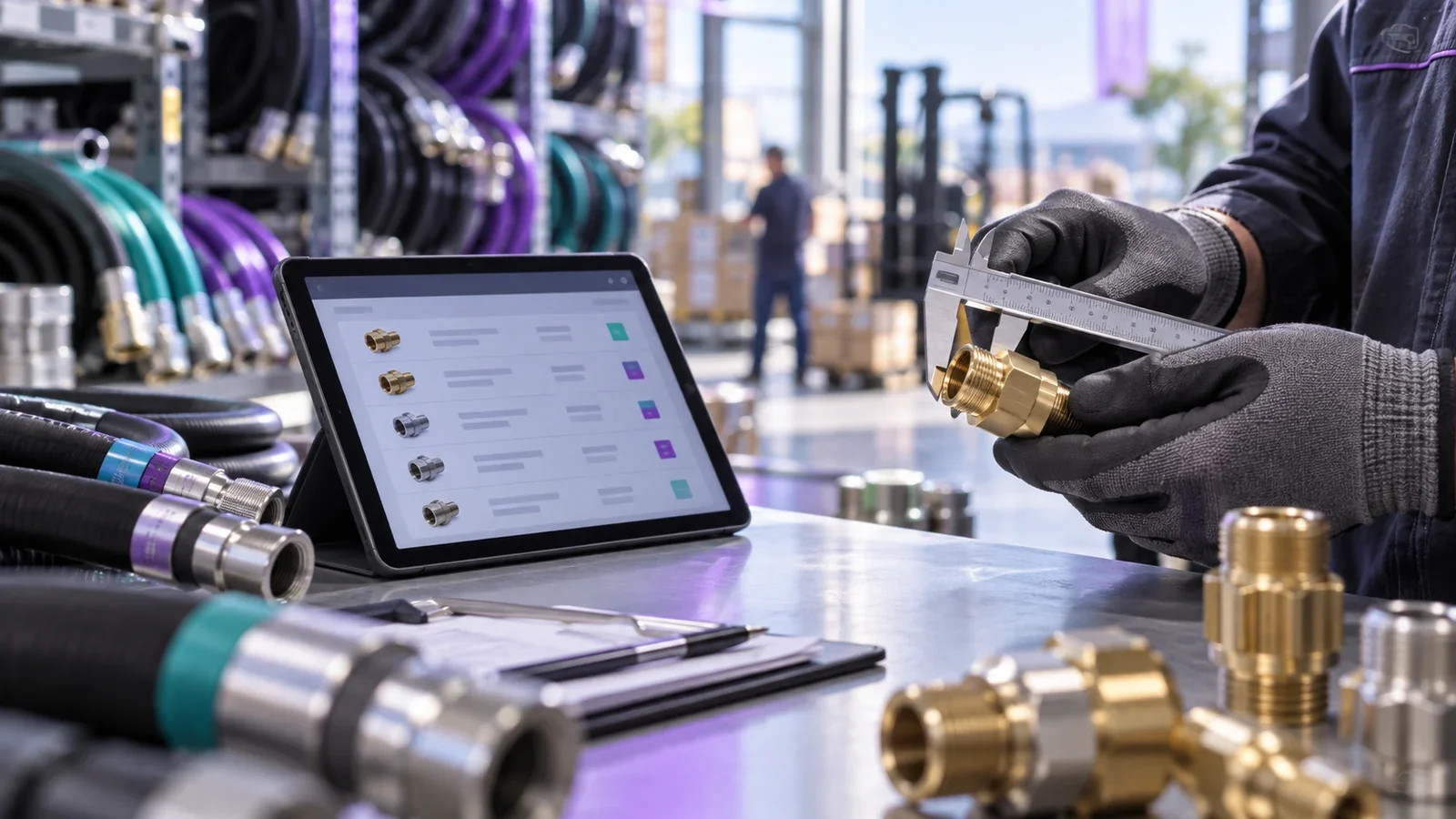 Gloved hand measuring an industrial connector at a distributor parts desk