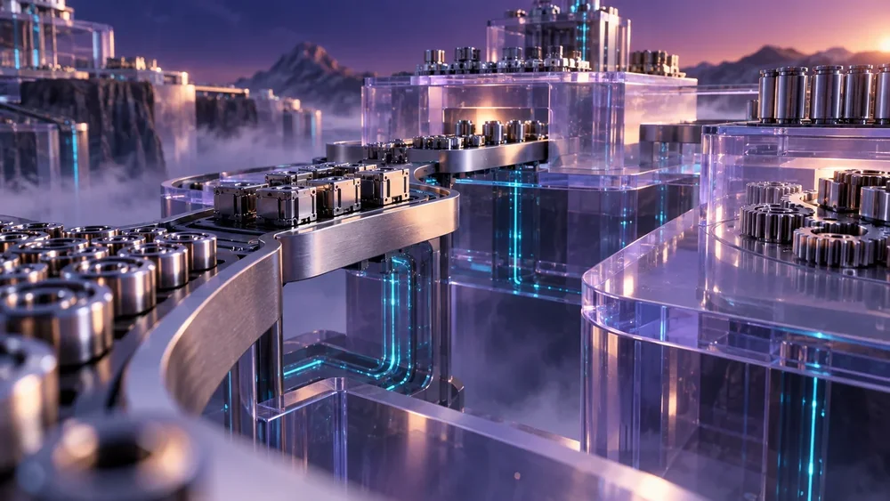 Original conceptual artwork of products flowing through connected glass system layers