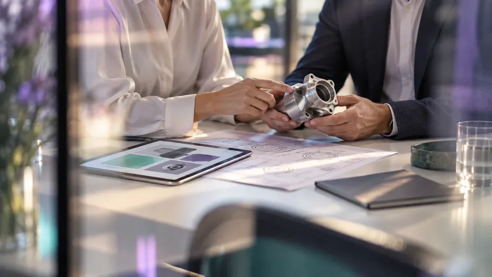 Professionals reviewing an industrial product sample during a customer inquiry