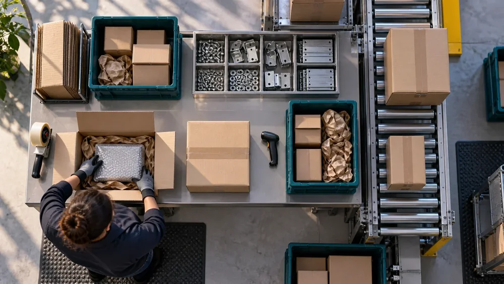 Illustrative overhead view of an industrial order packing station
