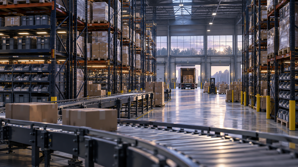 Illustrative distribution warehouse with inventory racks and order fulfillment conveyors