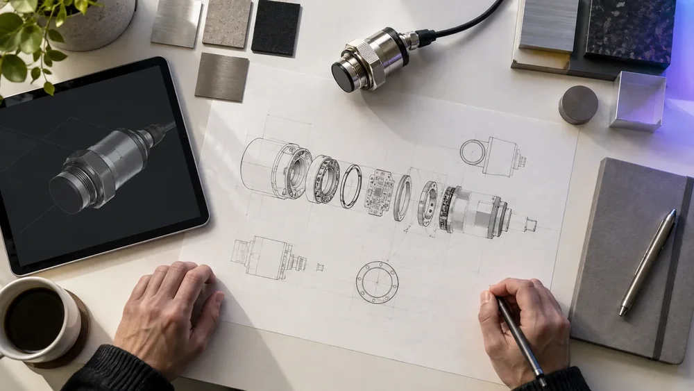 Illustrative technical product documentation with an industrial sensor and engineering drawing