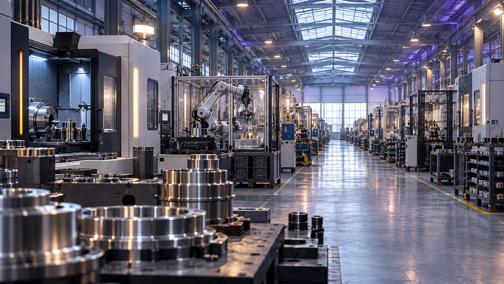 Illustrative precision manufacturing floor with CNC equipment and industrial robotics
