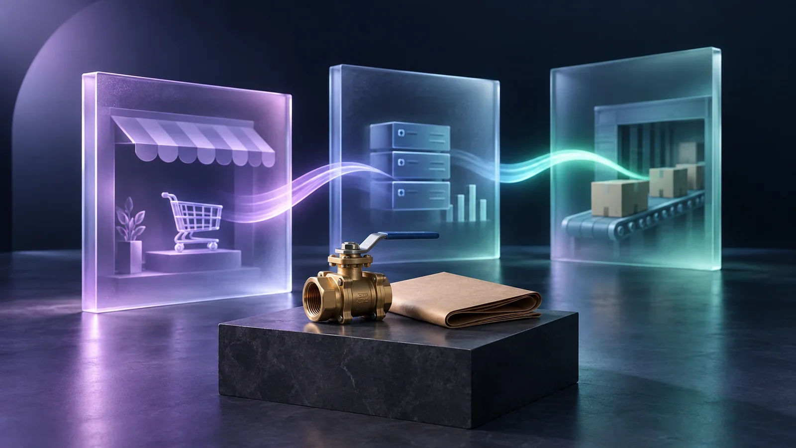 Industrial order moving through connected commerce and fulfillment stages