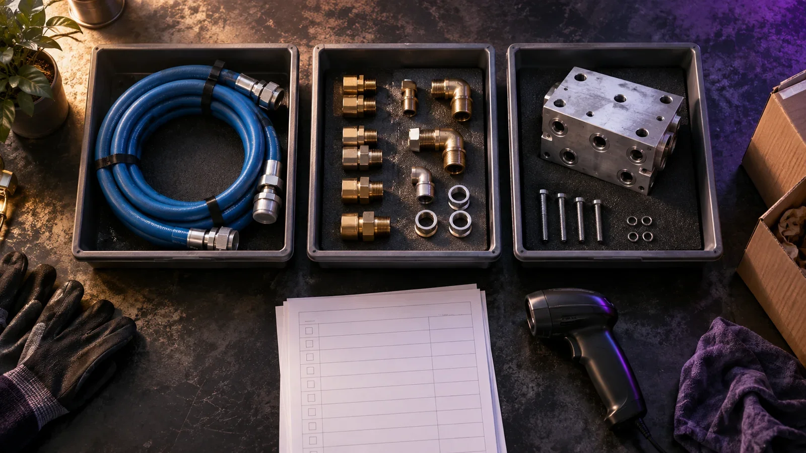 Industrial repair components staged in trays for a distributor order