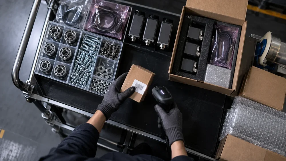 Illustrative multi-line B2B order being scanned and prepared in divided trays