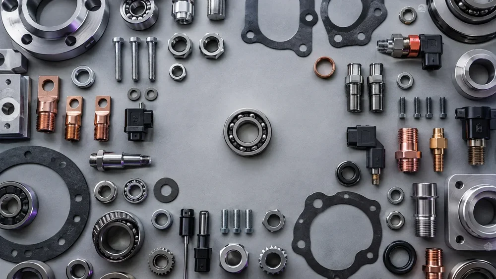 Illustrative organized catalog of industrial components with a single selected bearing