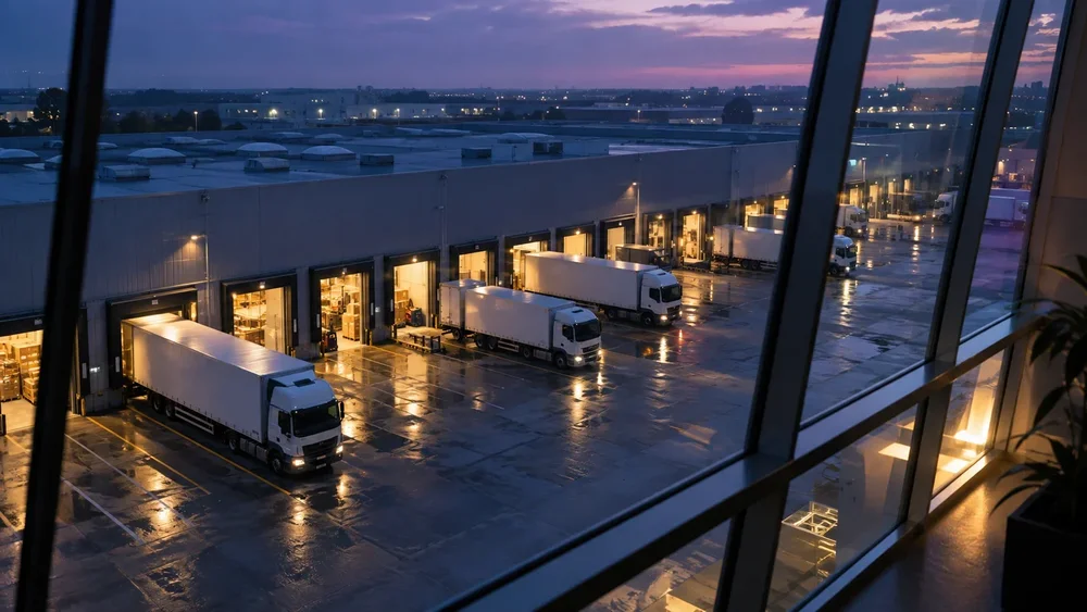 Illustrative distribution loading bays and delivery trucks at blue hour