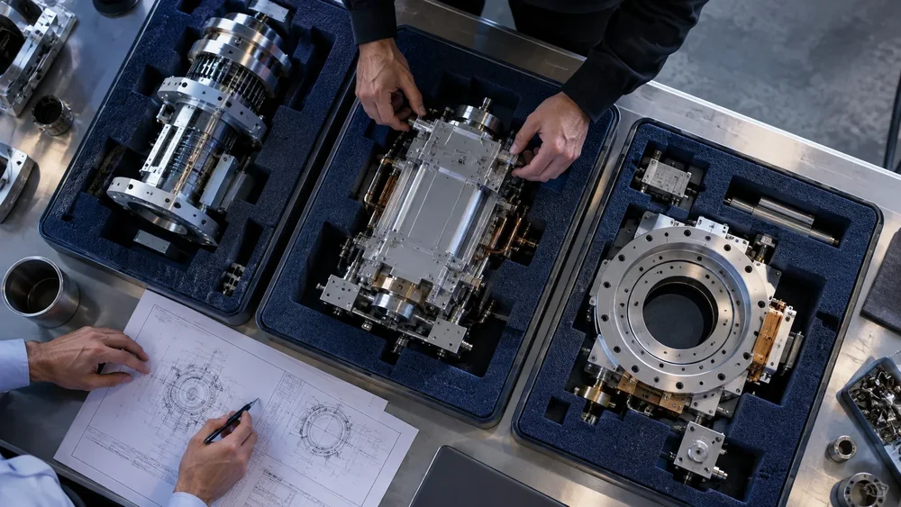 Illustrative configured industrial assemblies being checked against technical requirements