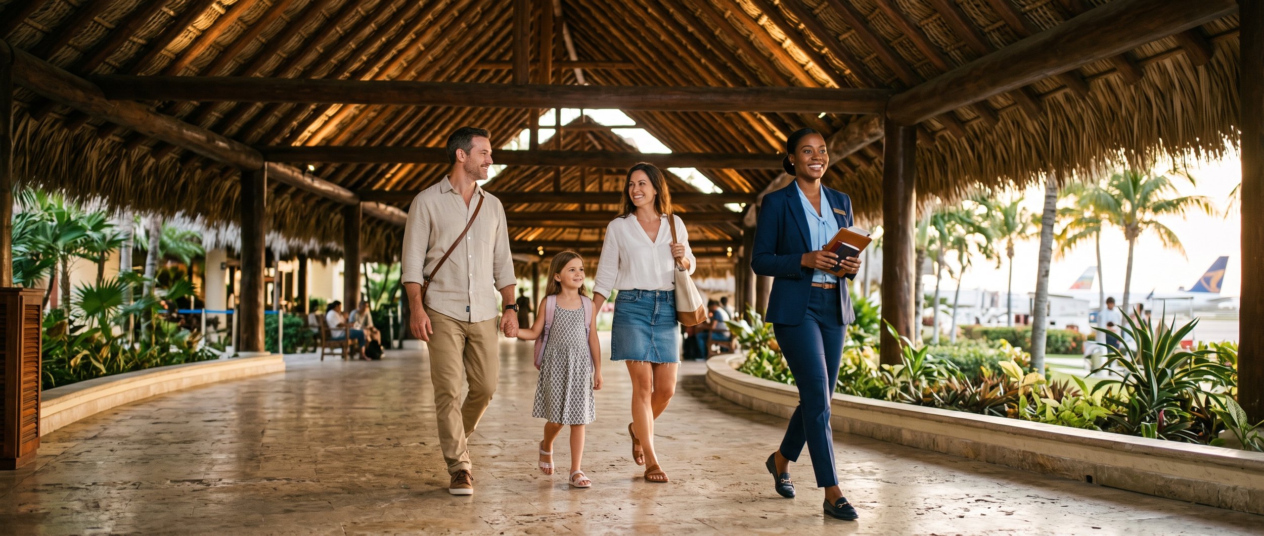 A couple and their daughter walking through the arrivals concourse at Punta Cana International Airport