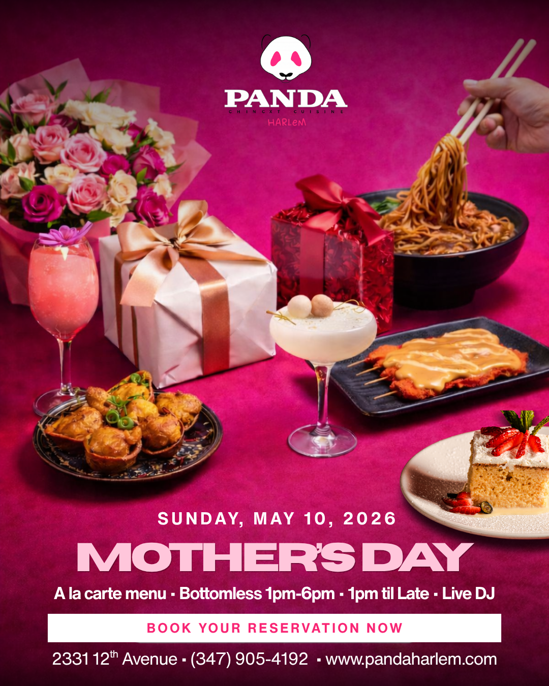 Panda Harlem Mother's Day flyer — Sunday May 10, 2026, a la carte, bottomless 1–6pm, live DJ, 1pm til late.