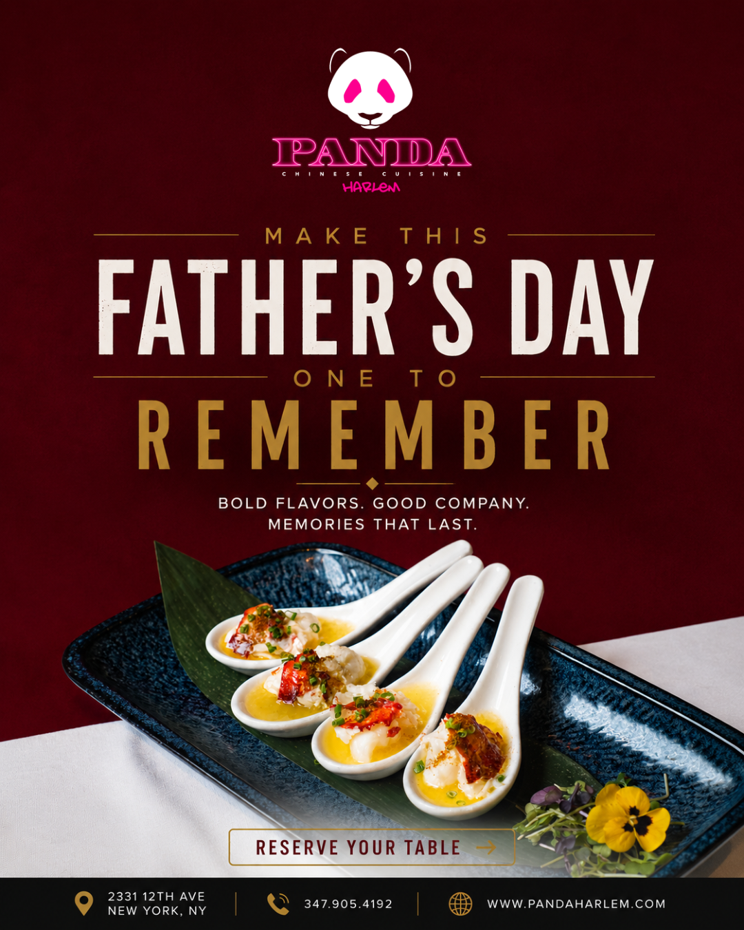 Panda Harlem Father's Day flyer — dinner, cocktails, and family-style dining in West Harlem.