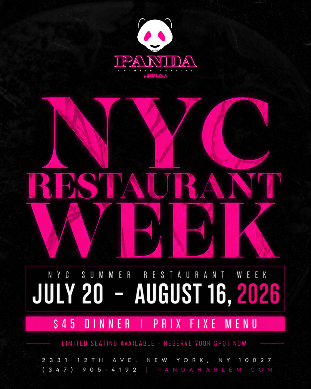 Panda Harlem NYC Summer Restaurant Week 2026, July 20 through August 16, $45 dinner prix fixe menu